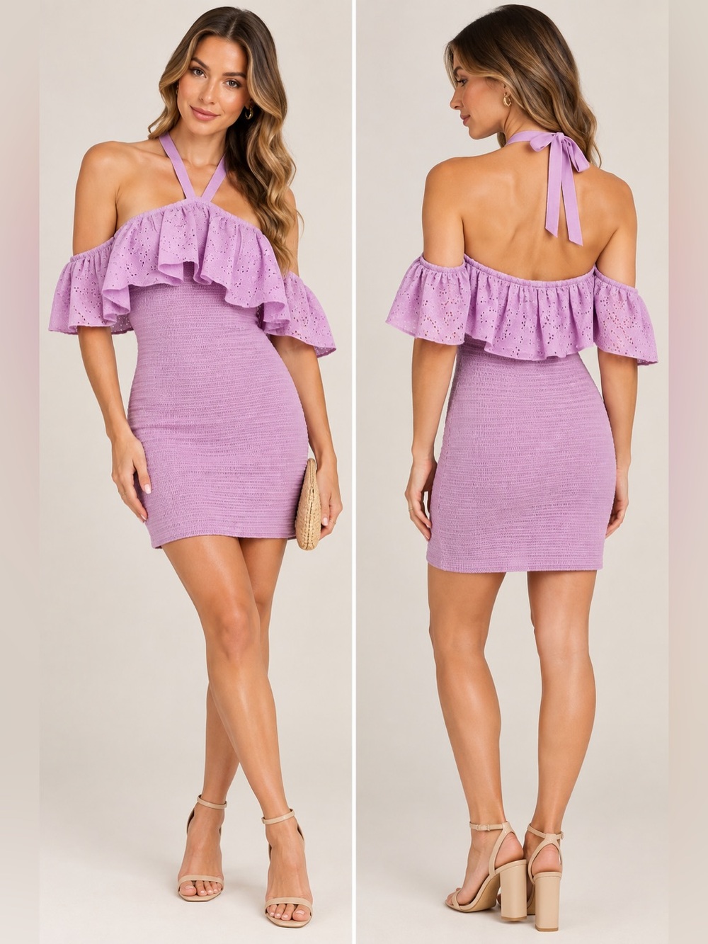 Fate Lavender Eyelet Ruffle Halter Bodycon Mini Dress NWT Large